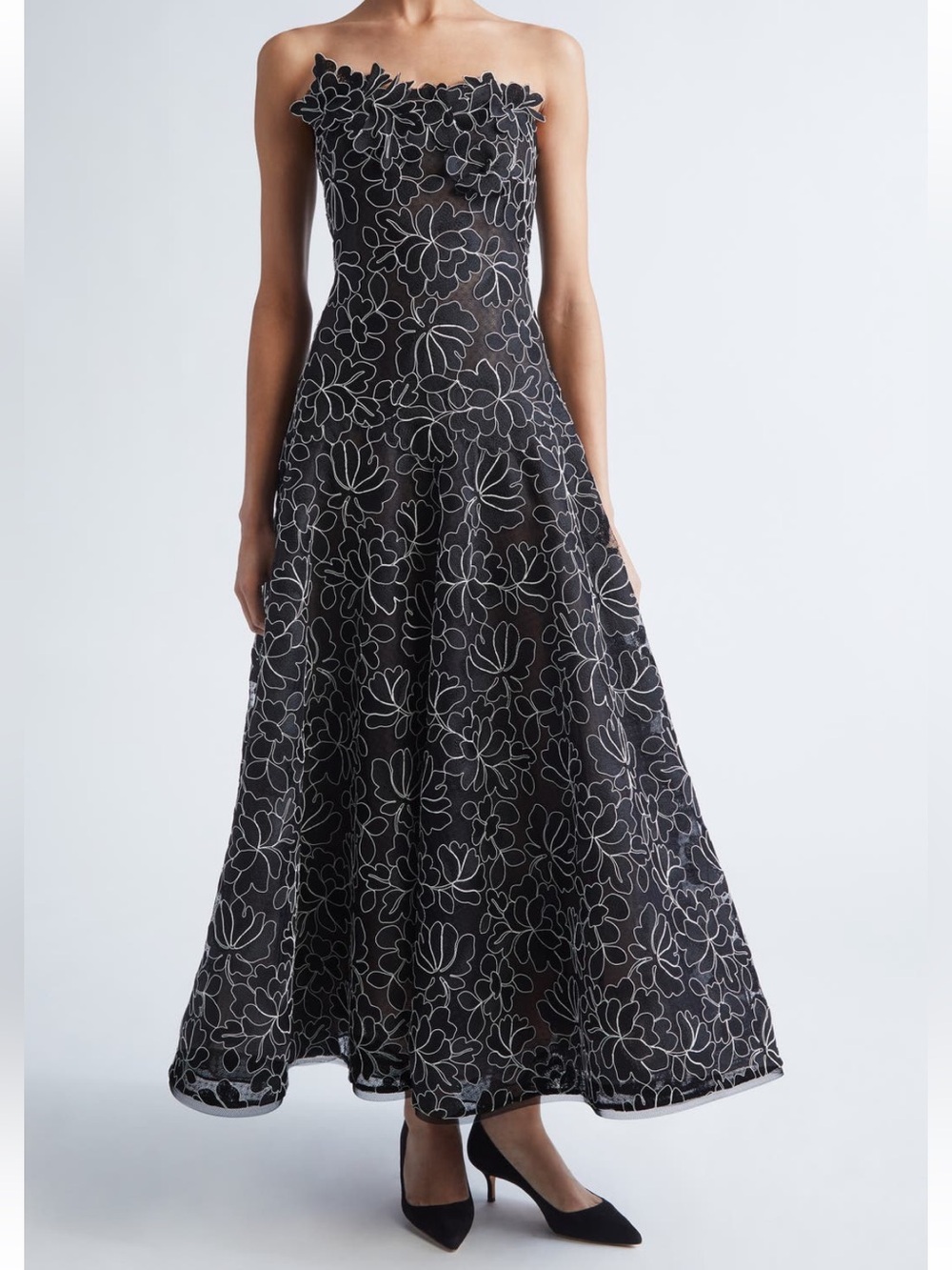 Lela Rose Strapless Floral Lace Gown